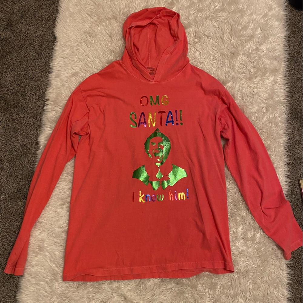 Elf hoodie “omg Santa I know him” quote